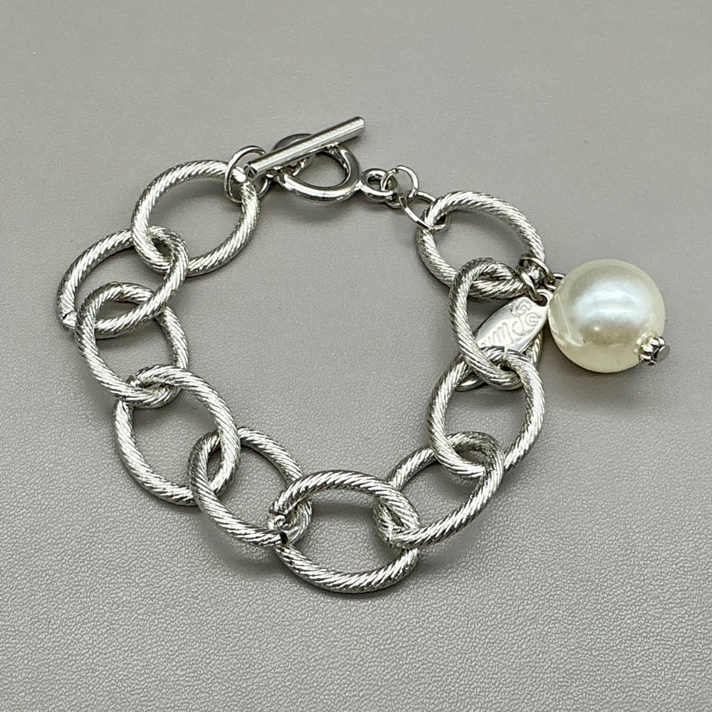 Plunder Faux Pearl Dangle Textured Link Bracelet  Silver Tone Toggle Closure